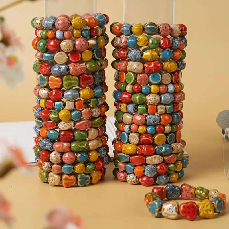 8/16pcs Retro Ethnic Style Colorful Ceramic Bead Elastic Bracelet Set, Suitable for Women Men Daily Wear Holiday Gifts Party Jewelry