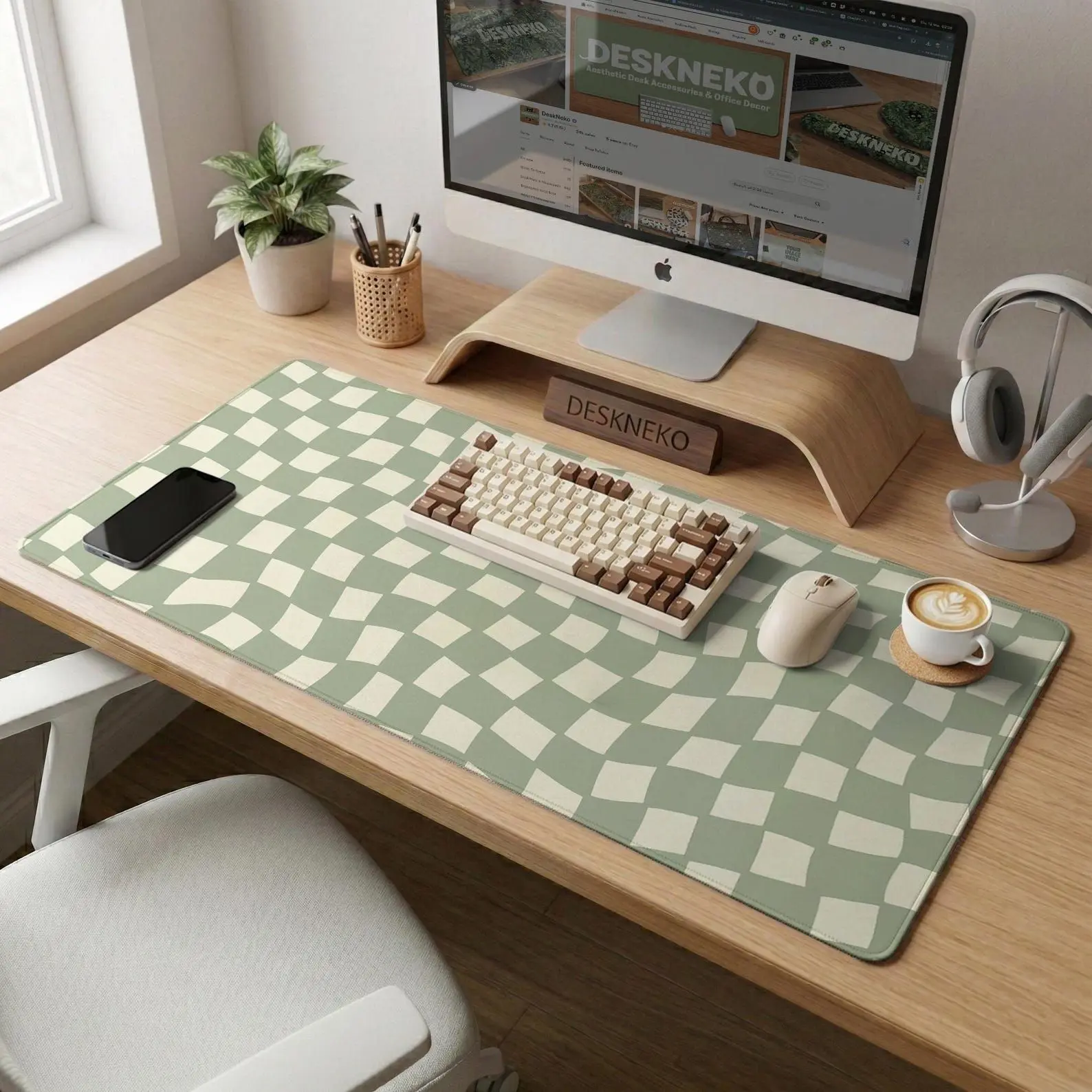 Green Desk Mat Extended Mousepad, Extra Large Deskpad for Keyboard and Mouse, Sage Checkered Aesthetic Desk Setup, Gaming Office