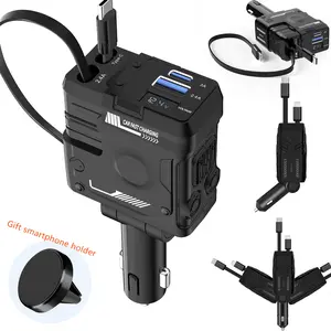 Retractable Car Charger with 100W, 4 in 1 Cool Mech Style Car Fast Charger for iPhone and Type C, Retractable Cables (31.5 inch) and 2 Charging Ports, Compatible with iPhone 15/14/13/12 Pro Max XR,iPad,Samsung,Pixel(Gift Magnetic Stands)