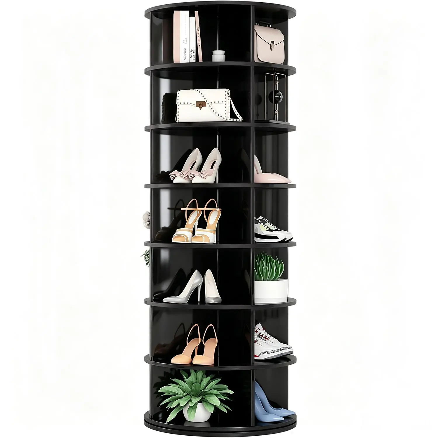 Glossy Finish Rotating Shoe Rack – 7 Tier 360° Spinning Shoe Organizer Tower, Holds 28-32 Pairs, Lazy Susan Revolving Shoe Storage Cabinet, Rotating Carousel for Shoes & Handbags, Space-Saving for Closet Bedroom