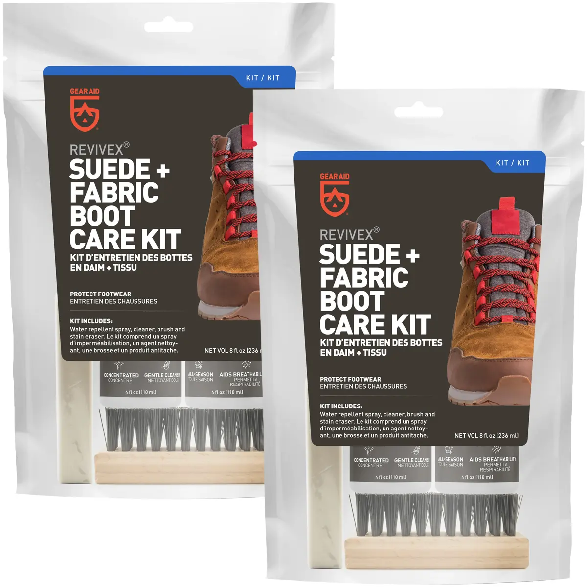 Gear Aid Revivex All-in-2 Gentle Suds Shoe & Footwear Suede, Fabric Boot Cleaning, Care & Waterproofing Kit - 2-Pack, All-In-One