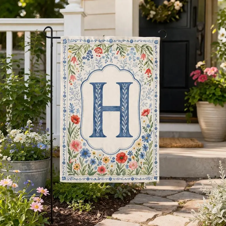 Personalized Crest Garden Flag, floral Preppy Coquette Initial Yard decor, Grandmillennial Decor, Porch Banner, Watercolor Chinoiserie Flag
