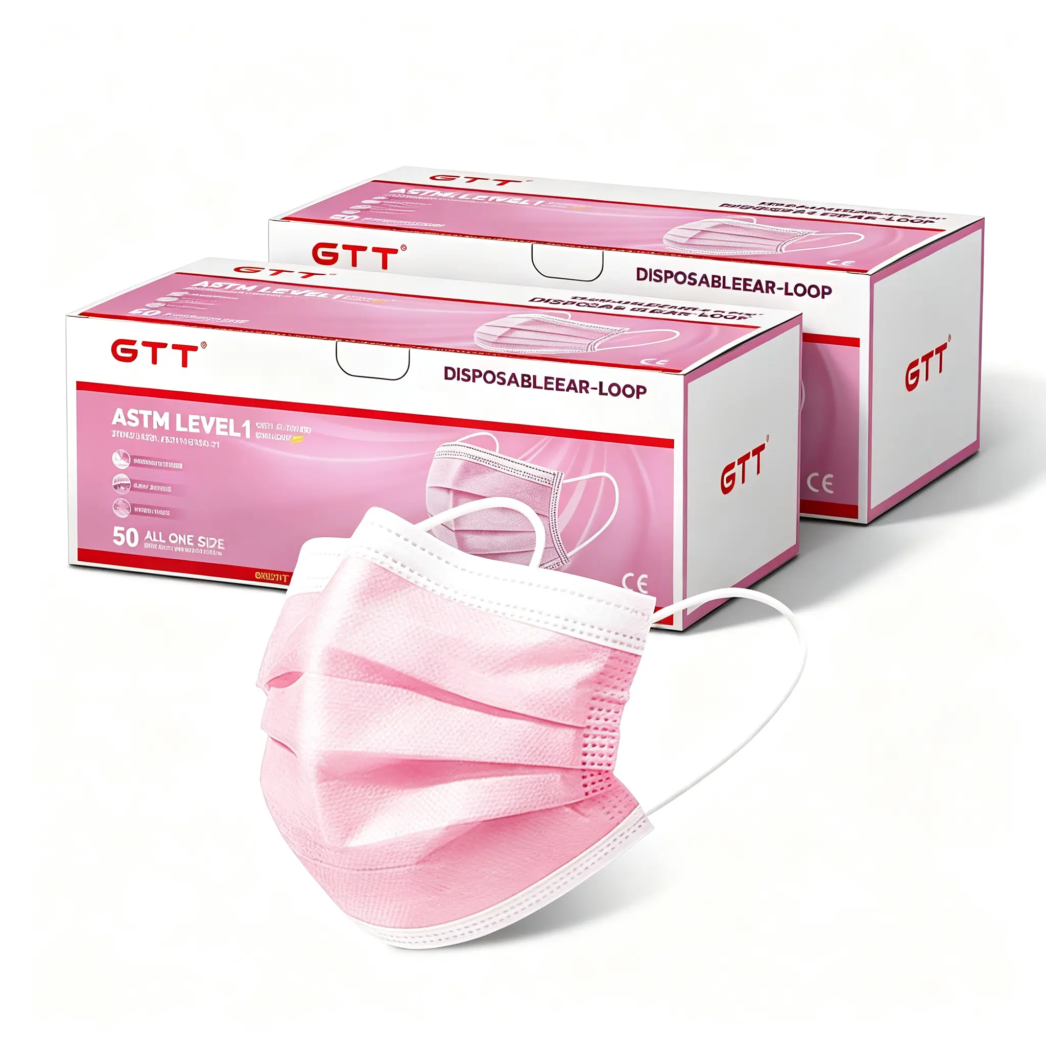 GTT 100-Pcs Latex-Free Pink 3-Ply Ear-Loop Breathable Face Covering Mask, ASTM Level 1 Certified, 1-Size, for Adults & Students, Casual Everyday Commute & Basic Protection