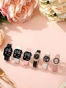 A set of 6 women's leather strap quartz watches with waterproof LED display and electronic smart fitness sports watch Modern Watches
