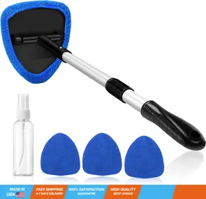 Windshield Cleaner, Car Windshield Cleaning Tool Inside with 4 Reusable and Washable Microfiber Pads and Extendable Handle Auto Glass Wiper Kit, Blue