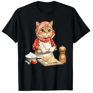 Adorable Babushka Cat Making Pierogi Polish Food Enthusiast T-Shirt 100% Cotton Round Neck Short Sleeve T-Shirt, Polish, Food Enthusiast Fun Shirts Comfort Wear Casual Short-Sleeve Cotton Men's Classic Cotton Tee Men's T-Shirts