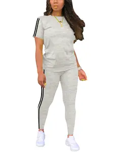Women’s athletic fitness striped set: short-sleeve top with white side stripes + high-waisted leggings, slim fit that flatters the figure, two-piece set
