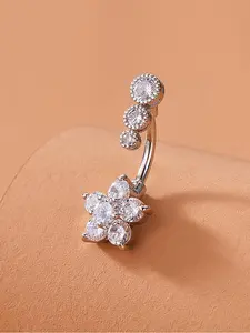 Women's Elegant Rhinestone Decorated Flower Design Belly Ring, Exquisite Stainless Steel Belly Piercing Ring, Fashionable Body Jewelry for Women for Party Decoration, Belly Button Rings, Cute Jewelry