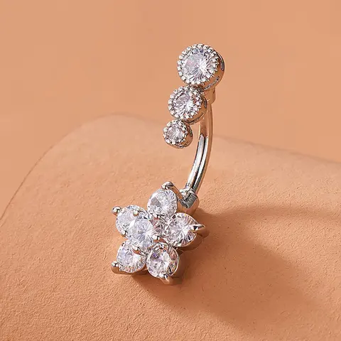 Women's Rhinestone Decorated Flower Design Belly Ring, Stainless Steel, Body Jewelry, Body Jewellery for Women, Party Decoration, Jewelry, Gift Idea, Copper Chain