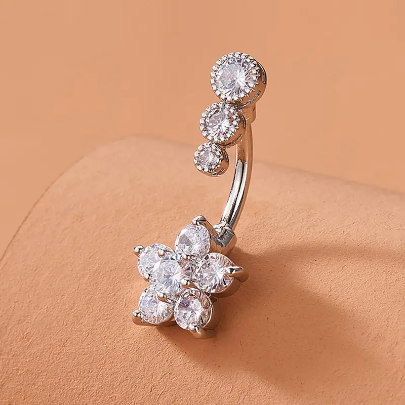 Women's Rhinestone Decorated Flower Design Belly Ring, Stainless Steel, Body Jewelry, Body Jewellery for Women, Party Decoration, Jewelry, Gift Idea, Copper Chain