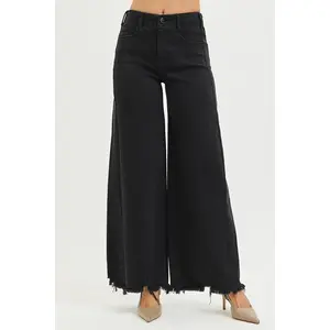 RISEN Tummy Control High Rise Palazzo Leg Frayed Hem Jeans