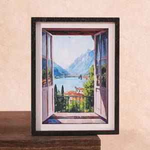 1PC Lake Mountain Window View Fridge Magnet, Refrigerator Magnet, Frame Art, Healing Landscape Illustration, Home Decor Magnetic Tile, Great Holiday Gift