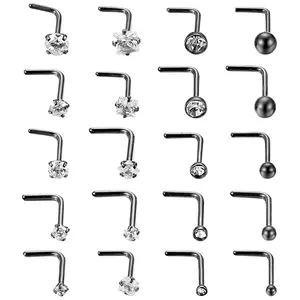 OIDEA L-Shape Nose Stud Set 20G 316L Stainless Steel Cubic Zirconia Rhinestone Diamond Body Piercing Nostril Jewelry 20PCS