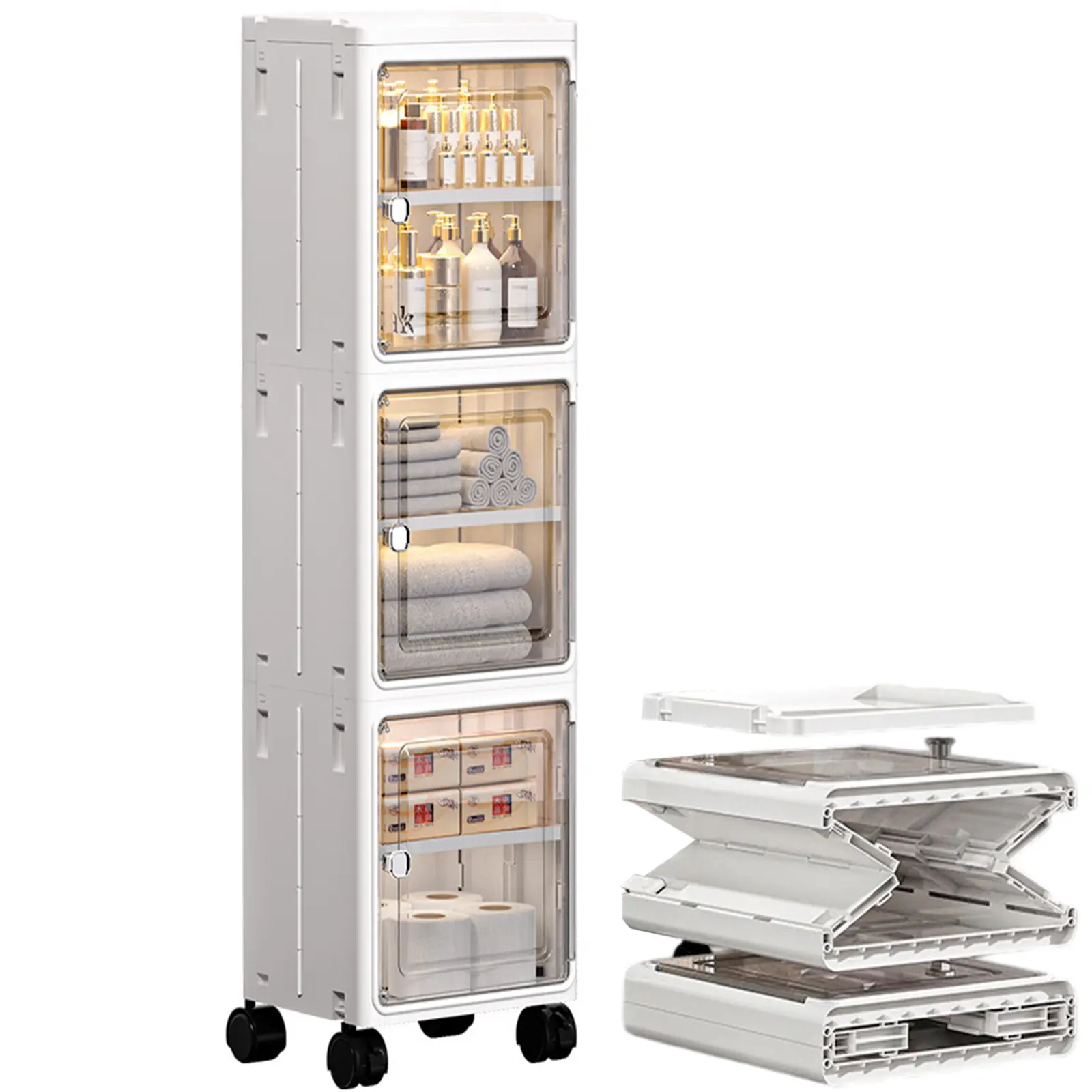 Tall Narrow Storage Cabinet Organizer, Slim Bathroom Cabinet with Doors & Adjustable Shelves, Plastic Kitchen Pantry Storage for Small Space, Laundry Room, Home Organization