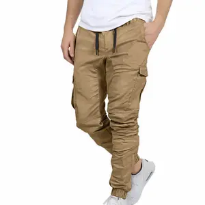 TUREFACE Men's Flex Stretch Cotton Cargo Pants Slim Fit Beige Multi-pocket Lightweight Comfortable Long Pants with Elastic Drawstring Waistband