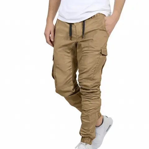 TUREFACE Men's Flex Stretch Cotton Cargo Pants Slim Fit Beige Multi-pocket Lightweight Comfortable Long Pants with Elastic Drawstring Waistband