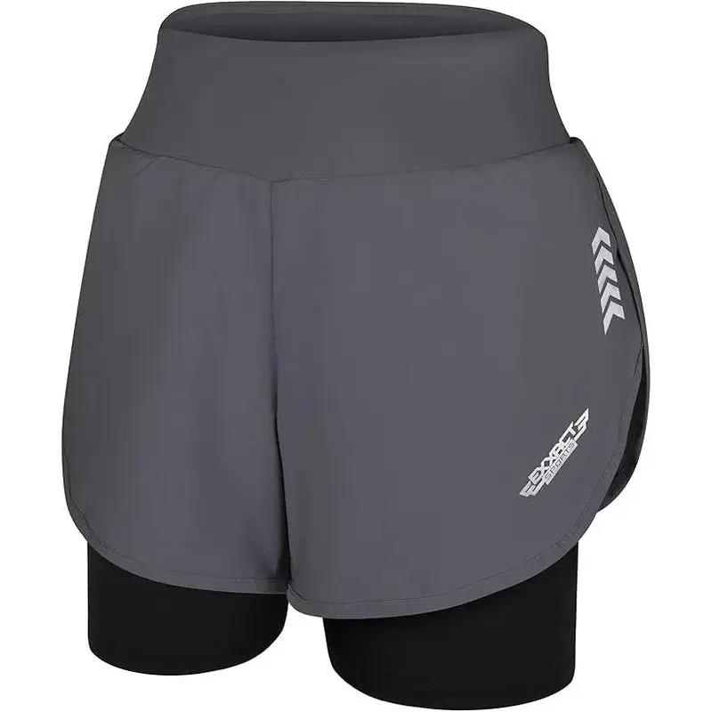 Exxact Sports 2 in 1 Shorts Women - Athletic Shorts with Spandex Underneath, Dry Fit Running Shorts with Pockets Women (Charcoal, A)