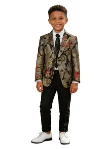 Boys' Suit Set (jacket + Long Pants + Tie), Elegant Embroidered Dress, Birthday Party Host Performance