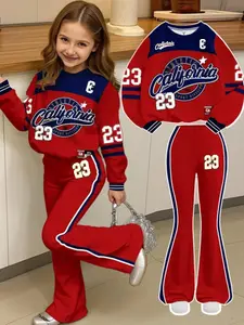 Girls' Sporty Appeal Round Neck Sweatshirt Combined Set, 2-Piece Fitted with All-Over Print, Perfect for Fall & Winter, Casual Daily Wear