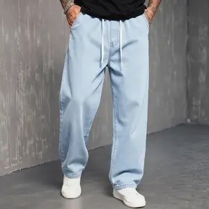 Men’s washed casual loose straight-leg jeans with drawstring elastic waist