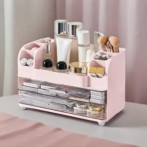 Pink Light-Luxury compartments Makeup durable Organizer with Two Drawers, Large Capacity —  Space-Saving Storage Box for Bathroom and Office counter countertop transparent multipurpose jewelry multi-layer cabinet Summervibe tier perfume organizer stand