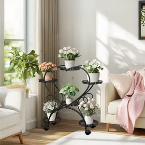 4 Tier Black Metal Heart Plant Stand with Wheels, Indoor/Outdoor Flower Pot Holder, Rust-Resistant, Raised Edges, Durable & Stylish