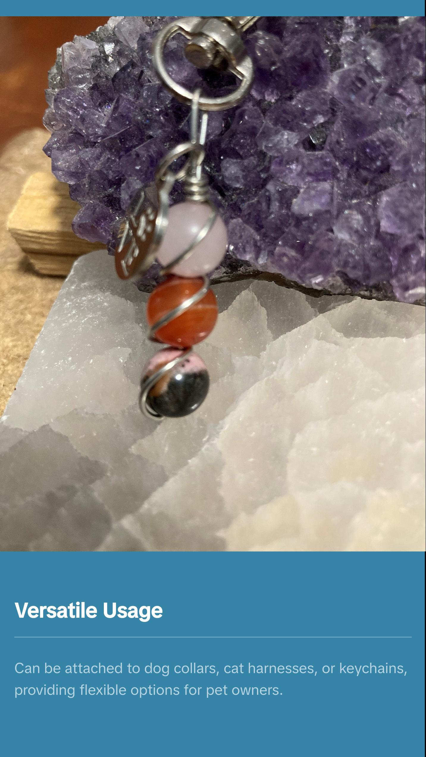 Crystal Healing Pet Charm for Dog Harness or Cat Collar - Rose Quartz - Carnelian - Rhodonite - Key chain
