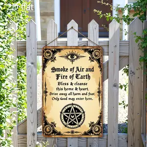 2D Flat - 1pc Bohemian Gothic Metal Hanging Sign - 8x12 Inch Iron Wall Art with Mystical Symbols, "Smoke of Air & Fire of Earth" Blessing, Indoor/Outdoor Decor for Home & Office, No Electricity Needed, Mystical Home Decor, Indoor Outdoor Si Decoration