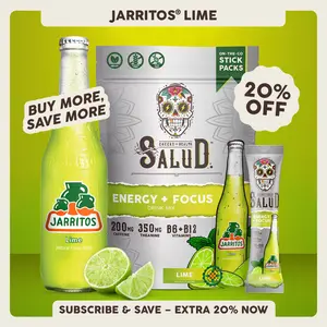Salud x Jarritos 2-in-1 [Energy + Focus – Lime] Clean Energy Drink Mix, Agua Fresca, Organic Caffeine, B6 & B12, L-Theanine, Drink Packets, Non-GMO, Gluten Free, Vegan, Low Calorie, 1g Sugar (15 Servings)