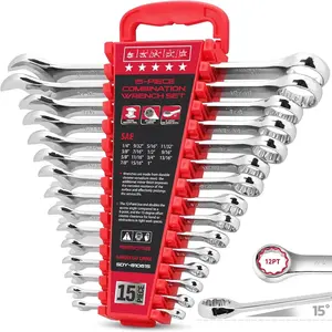 15- SAE Combination Wrench Set, 1/4''-1'' 12-Point Open End and Box End Wrench Kit with Organizer, Chrome Vanadium Steel Tools for Mechanics, Garages and Workshops