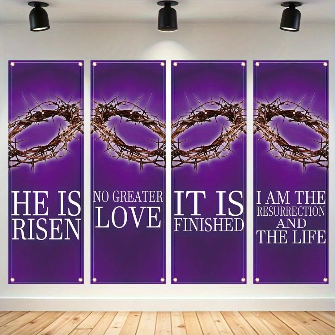 Easter Theme Backdrop Banner, 4 Counts/set Easter Church Banner, Wall Decor for Church Sanctuary Walls, Celebrations, Gifts, and Home Wall Decorations, Ornaments