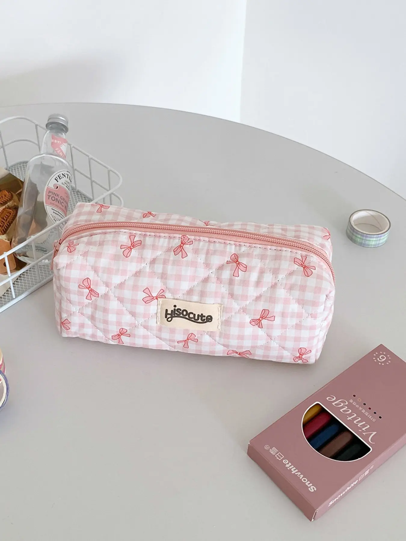 High-End Cream Color Plaid Cosmetic Makeup Bag, Korean Style Butterfly Knot Lightweight Portable Stationery Organizer, Student Eraser Pen Case, Makeup Storage Pouch