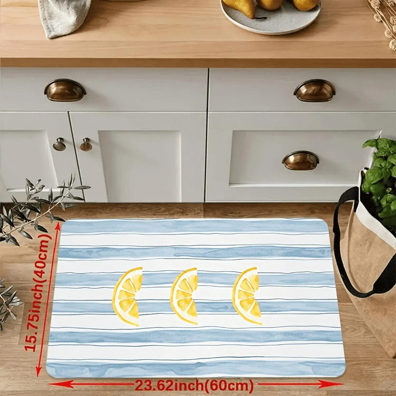 Flannel Blue‑White Stripes Yellow Lemon Slices Printed Kitchen Water‑Absorbent Non‑Slip Washable Doormat For Home