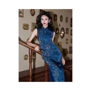 Navy Blue Republic Era Cheongsam | Plus Size Modernized Retro Qipao | Elegant Spring Dress for Mothers