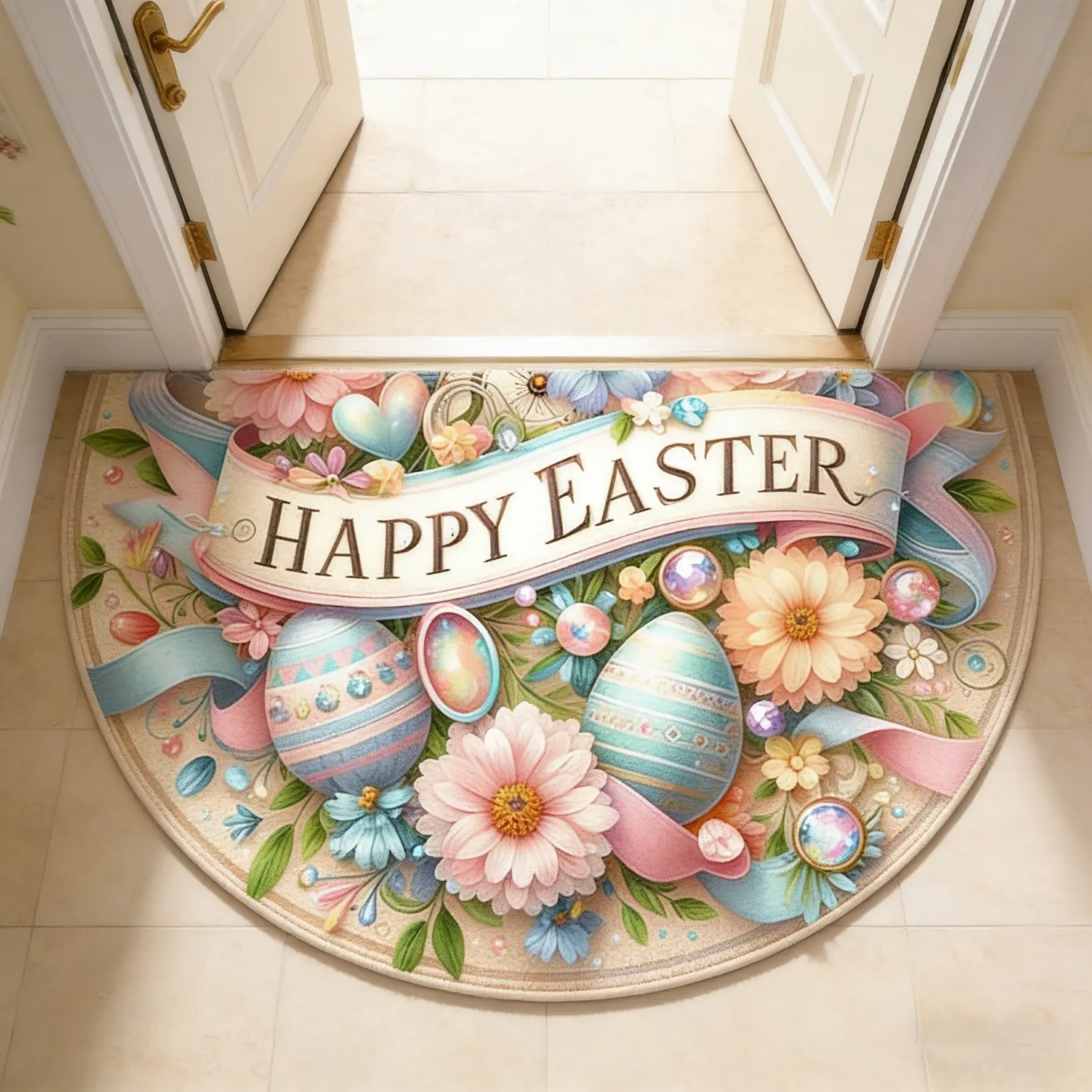 Easter Egg Pattern Half Round Welcome Mat, Comfortable Plastic Bottom Rug for Home, Easy Clean Durable Carpet for Living Room and Bedroom, Festive Mat