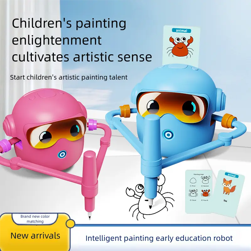 Kids' Artistic Drawing Robot - Montessori ABS Plastic Interactive Educational Toy, 100 Animal Cards, 12 Colored Markers, 4 Paintbrushes, Voice-Control Machine, Kids Activities Gift for 4-6 Years Ages 5+