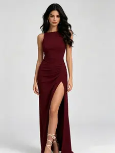 Burgundy Formal Dress, Classic Elegant Style, Waist Ruched Detail, Flowy Skirt, Ideal for Bridesmaid and Cocktail Party