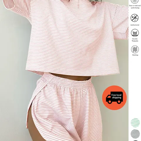 Women's 2-Piece Cozy Knit Pajama Set - Contrast Stripe Tee Top, Side-Slit Above-the-Knee Shorts, Elastic Breathable Fabric, Everyday Fit Nightwear, 4-Season Home Loungewear