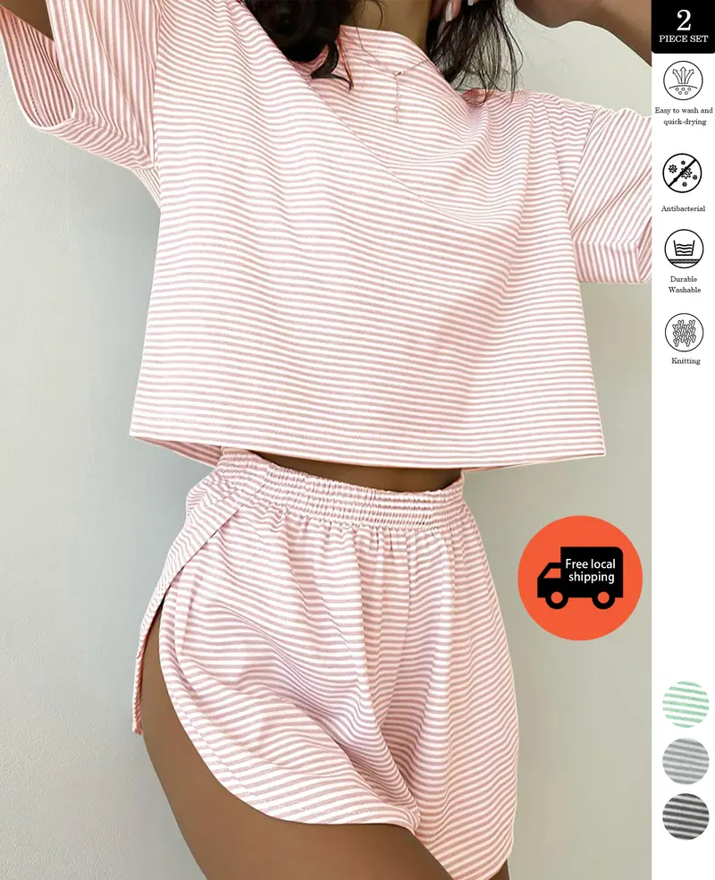 Two-piece set Simple Four Seasons Spring and Summer Contrast Stripes Casual Loose Knit Short Sleeves Tops Side Slits Shorts Home Clothes Set Suitable for Home Use Silk Satin Lace Pajama Set pajamas Striped Beach organic fabric