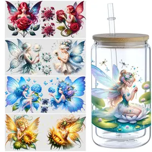5sheets Flower Fairy UV DTF Cup Packaging for 16oz Glass Cup, Waterproof Beautiful Design UV DTF Sticker Suitable for 16oz Glass Cup, DIY, Furniture, Crafts