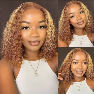 Ombre Highlight Curly Wave Curly BOB Lace Front Wigs Human Hair Pre Plucked Wear And Go Glueless Honey Blonde And Brown 13x4 HD Short Curly Frontal BOB Wigs For Black Women 14 Inch 4/27 summerwins