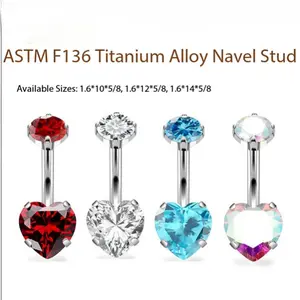 ASTM F136 Titanium Navel Stud G23 Implant Grade Double CZ Heart Belly Button Ring 14G Hypoallergenic Piercing Jewelry for Women Multi-color & Multi- in 1.6*105/8, 1.6*125/8, 1.6*14*5/8 Sizes