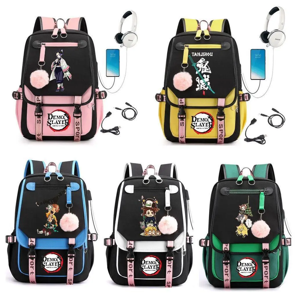 Demon Slayer Anime Backpack, Multi Color Contrast School Bookbag with USB Charging Port & Headphone Hole, Cute Pom Pom Daypack for Fans