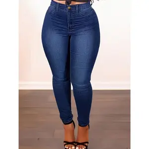 Women'S Plus Size Stretch Denim Jeans | Dark Blue Solid Color, Button Closure, Casual Long Length, Comfortable Fit, Durable Fabric, High Stretch, Skinny Style, All-season, Modest, Cropped Length, Zipper Fly Closure