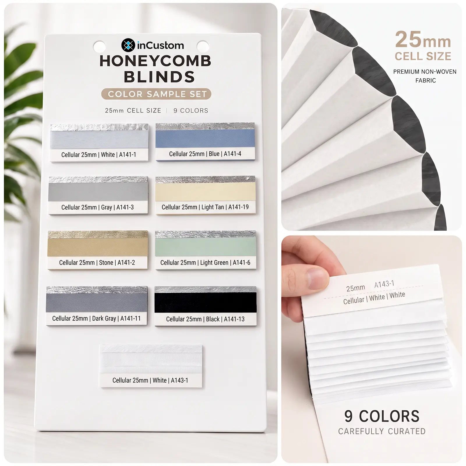 inCustom Cellular Blinds, Roman & Venetian Shades, 10 cordless Fabric Swatch Set, Light Control & Insulation, Custom Sizing, Easy Installation for Apartment & Nursery Windows