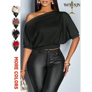 Women’s solid-color asymmetrical-collar T-shirt with ruffled shoulders, fashionable short-sleeved top, suitable for everyday casual wear GARMENTARY