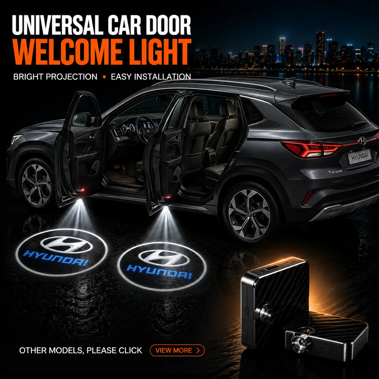 2 Pack Hyundai Logo Wireless LED Car Door Projector Lights, HD Welcome Ghost Shadow Puddle Lamps, Magnetic Sensor No Drill Easy Install Courtesy Lights Fit Tucson Elantra Santa Fe Palisade Kona Sonata Sedan SUV Upgrade Auto Interior Mod Accessories