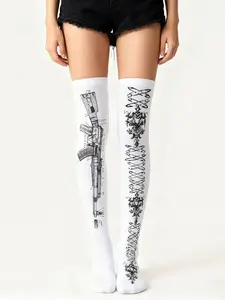 Gothic Print Thigh High Over-The-Knee Socks, Y2K Sweet Long Tube Stockings, Sexy Nylon Leggings, Knee-Up Pantyhose, Street Hip Hop Socks