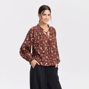 Women's Bishop Long Sleeve Smocked Blouse - Universal Thread Brown Floral S