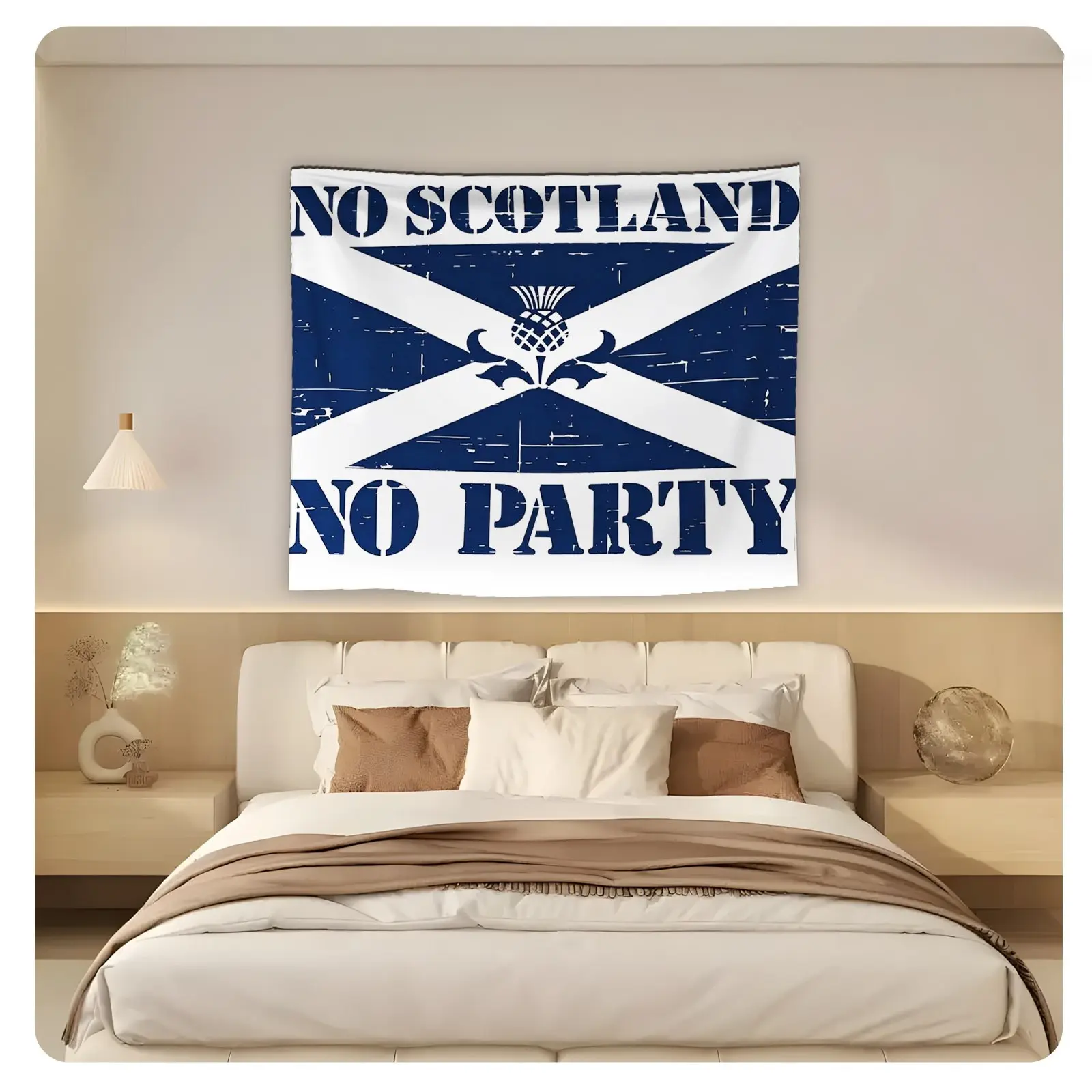 Vintage Distressed Scottish-Themed Single-Sided Soft Fabric Wall Hanging Tapestry - Decorative Wall Mount Room Art with Funny "No Scotland No Party" Print, St. Andrew’s Cross, Thistle Patterns for Home Inspo Funny Decor